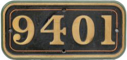 Brass cabside numberplate 9401 ex Hawksworth 0-6-0 PT built at Swindon in 1947. Allocated