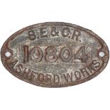 South Eastern and Chatham Railway wagon plate S.E.& C.R. 10804 ASHFORD WORKS. Face cleaned oval cast