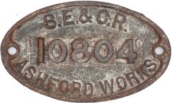 South Eastern and Chatham Railway wagon plate S.E.& C.R. 10804 ASHFORD WORKS. Face cleaned oval cast