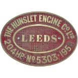 Diesel worksplate THE HUNSLET ENGINE CO LTD LEEDS 204HP No 5303 1958. ex Standard gauge 0-6-0 with a