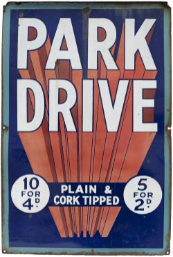 Advertising enamel sign PARK DRIVE PLAIN & CORK TIPPED 10 FOR 4D 5 FOR 2D. In good condition with