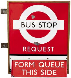 London Transport double sided enamel BUS STOP REQUEST sign. In its original bronze frame with