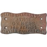 Wagonplate SETTLE SPEAKMAN & CO LTD ALSAGER STOKE ON TRENT ADVISE OWNERS FOR REPAIRS. Cast iron in