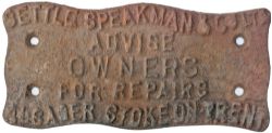 Wagonplate SETTLE SPEAKMAN & CO LTD ALSAGER STOKE ON TRENT ADVISE OWNERS FOR REPAIRS. Cast iron in