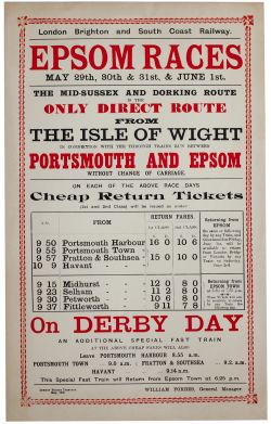 LB&SCR small letterpress poster LONDON BRIGHTON AND SOUTH COAST RAILWAY EPSOM RACES THE MID SUSSEX