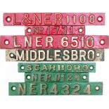 NER and LNER cast brass station Barrow Plates; SCARBORO, NER 0126, NER 4324, MIDDLESBRO, L&NER 1108,