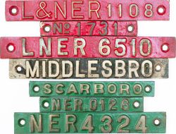 NER and LNER cast brass station Barrow Plates; SCARBORO, NER 0126, NER 4324, MIDDLESBRO, L&NER 1108,