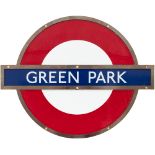 London Underground enamel target/bullseye sign GREEN PARK in original bronze frame. Measures 24in