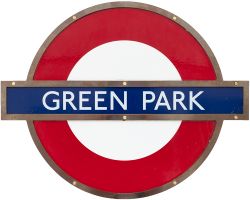 London Underground enamel target/bullseye sign GREEN PARK in original bronze frame. Measures 24in