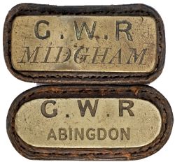 A pair of GWR brass cashbag plates GWR ABINGDON and GWR MIDGHAM. Both still attached to the