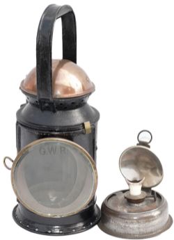 GWR 3 Aspect coppertop handlamp complete with GWR etched front lens and correct copper skinned