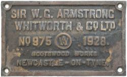 Worksplate SIR W.G. ARMSTRONG WHITWORTH & CO LTD SCOTTSWOOD WORKS NEWCASTLE-ON-TYNE No975 1928 ex