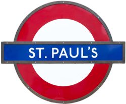 London Underground enamel target/ bullseye sign ST PAUL'S in original bronze frame mounted onto