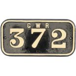 GWR cast iron cabside numberplate GWR 372 ex Taff Vale Railway Cameron Class A 0-6-2 T built by