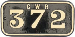 GWR cast iron cabside numberplate GWR 372 ex Taff Vale Railway Cameron Class A 0-6-2 T built by