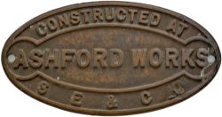 Worksplate CONSTRUCTED AT ASHFORD WORKS SE&CR. Oval cast brass measuring 11.25in x 6.75in. Face