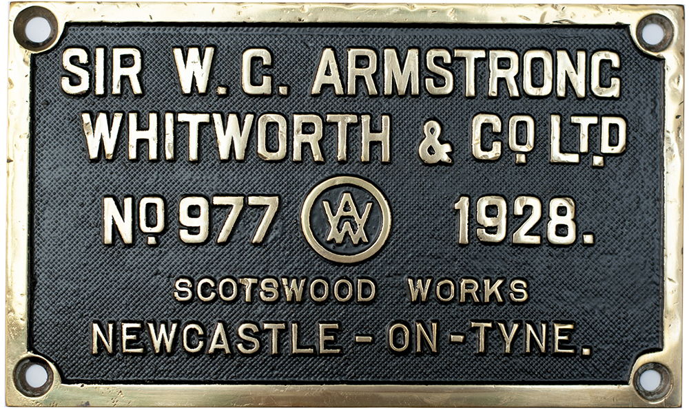 Worksplate SIR W. G. ARMSTRONG WHITWORTH & CO LTD SCOTSWOOD WORKS NEWCASTLE-ON-TYNE No977 1928 ex