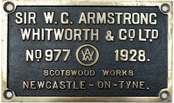 Worksplate SIR W. G. ARMSTRONG WHITWORTH & CO LTD SCOTSWOOD WORKS NEWCASTLE-ON-TYNE No977 1928 ex