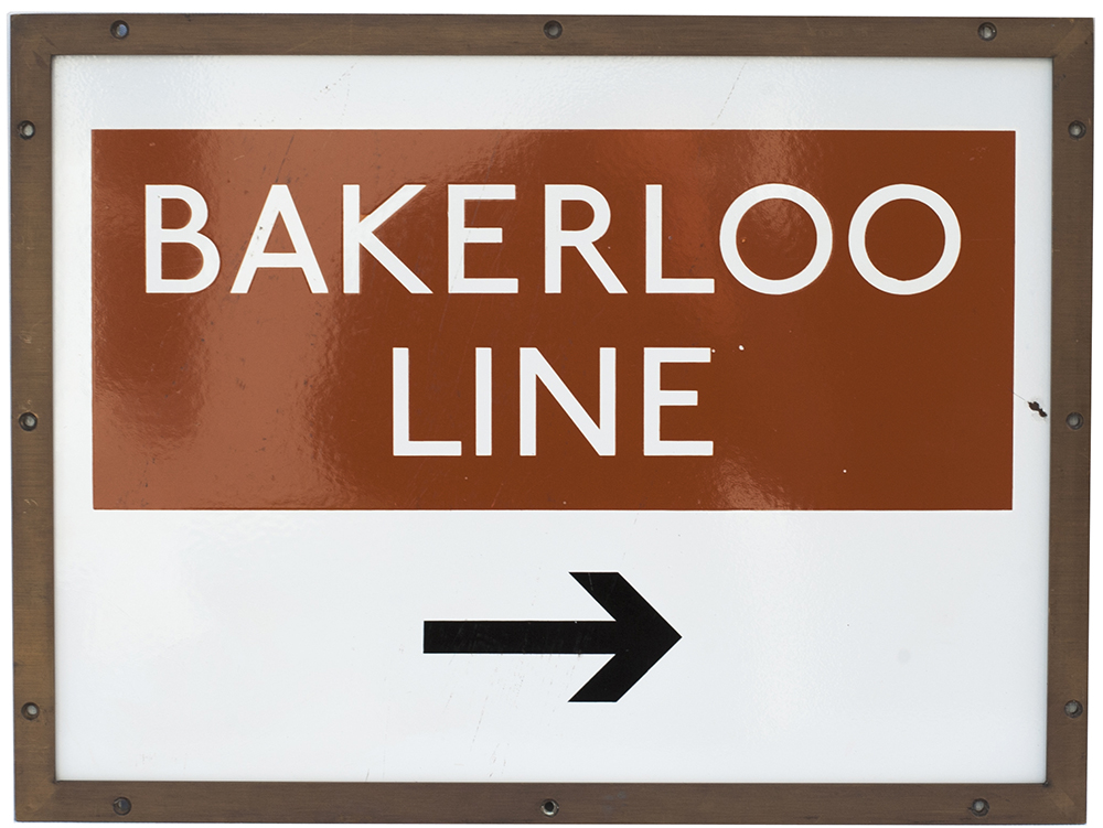 London Transport enamel underground sign BAKERLOO LINE with right facing arrow. Complete with