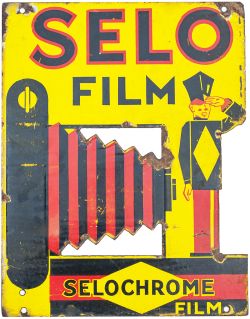 Enamel advertising sign SELO FILM SELOCHROME FILM. Black & Red lettering on yellow ground,