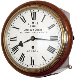 Great Northern Railway 8in mahogany cased railway clock with a wire driven English fusee movement.