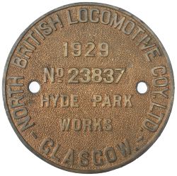 Worksplate NORTH BRITISH LOCOMOTIVE COY LTD GLASGOW HYDE PARK WORKS No 23837 1929 ex Collett GWR 0-