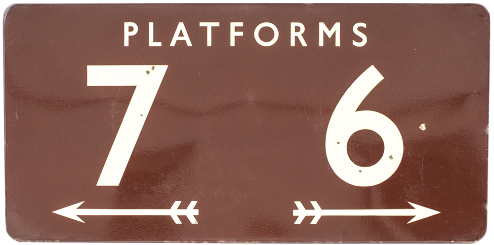 BR(W) FF enamel sign PLATFORMS 6 7 with arrows underneath. In very good condition with minor