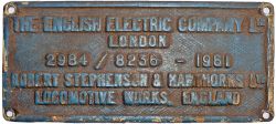 Diesel worksplate THE ENGLISH ELECTRIC COMPANY LTD LONDON 2984/8236 1961 ROBERT STEPHENSON &