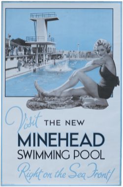 Advertising poster VISIT THE NEW MINEHEAD SWIMMING POOL RIGHT ON THE SEA FRONT. Double Crown 29in