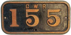 Cabside numberplate GWR 155 ex Cardiff Railway 0-6-2 T built by Kitson in 1908 and designed by