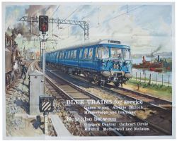 Poster BR BLUE TRAINS FOR SERVICE by Terence Cuneo. Quad Royal 40in x 50in. An unusual version of
