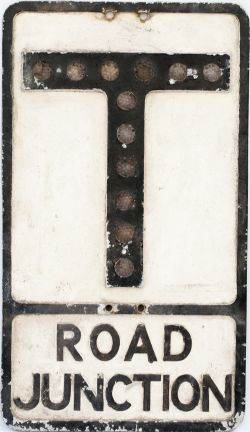Road motoring sign ROAD JUNCTION (T). Cast aluminium complete with glass fruit gum reflectors. In