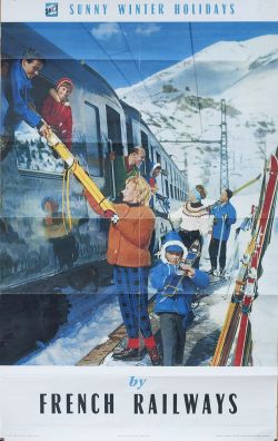 Poster SNCF French Railways SUNNY WINTER HOLIDAYS issued by the SNCF in 1961. A colourful image of