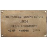 Diesel worksplate THE HUNSLET ENGINE CO LTD LEEDS 42HP No 8968 1980 ex 4 wheeled diesel hydraulic