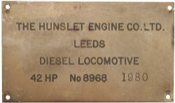 Diesel worksplate THE HUNSLET ENGINE CO LTD LEEDS 42HP No 8968 1980 ex 4 wheeled diesel hydraulic
