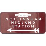 BR(M) FF enamel station direction sign NOTTINGHAM MIDLAND STATION with left facing arrow and British