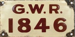 GWR enamel posterboard numberplate, chocolate on cream enamel, G.W.R. 1846. In good condition with