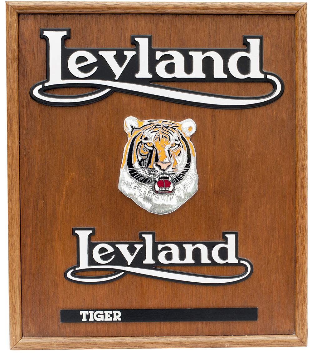 Leyland Tiger bus badges consisting of a Royal Tiger enamel badge, Leyland aluminium badges x2 and a