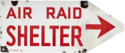 Enamel World War 2 road sign AIR RAID SHELTER with right facing arrow. In good condition with some