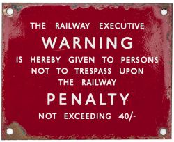 BR(M) small enamel Trespass sign THE RAILWAY EXECUTIVE WARNING IS HEREBY GIVEN TO PERSONS NOT TO