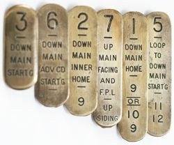 GWR brass signal lever leads x6 consisting of numbers 3 DOWN MAIN, 6 DOWN MAIN, 3 DOWN MAIN, 7 UP