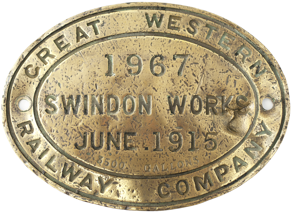 GWR brass locomotive tenderplate GREAT WESTERN RAILWAY COMPANY SWINDON WORKS 1967 JUNE 1915 3500