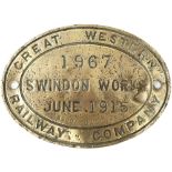 GWR brass locomotive tenderplate GREAT WESTERN RAILWAY COMPANY SWINDON WORKS 1967 JUNE 1915 3500