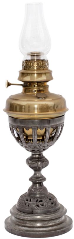 GWR Table lamp complete with reservoir, burner, glass chimney and cast iron base which has GWR