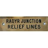 GWR machine engraved brass shelf plate RADYR JUNCTION RELIEF LINES. In very good condition