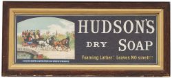 Advertising showcard HUDSON'S DRY SOAP FOAMING LATHER! LEAVES NO SMELL!! With pictorial image of a