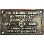 Worksplate SIR W.G. ARMSTRONG WHITWORTH & CO LTD SCOTTSWOOD WORKS NEWCASTLE-ON-TYNE No1155 1930 ex