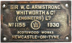 Worksplate SIR W.G. ARMSTRONG WHITWORTH & CO LTD SCOTTSWOOD WORKS NEWCASTLE-ON-TYNE No1155 1930 ex