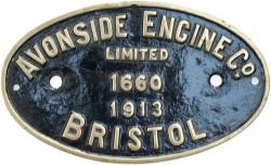 Worksplate AVONSIDE ENGINE CO LIMITED BRISTOL 1660 1913 ex 0-4-0 T built to 2FT gauge and supplied