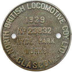 Worksplate NORTH BRITISH LOCOMOTIVE COY LTD GLASGOW HYDE PARK WORKS No 23832 1929 ex GWR Collett 0-